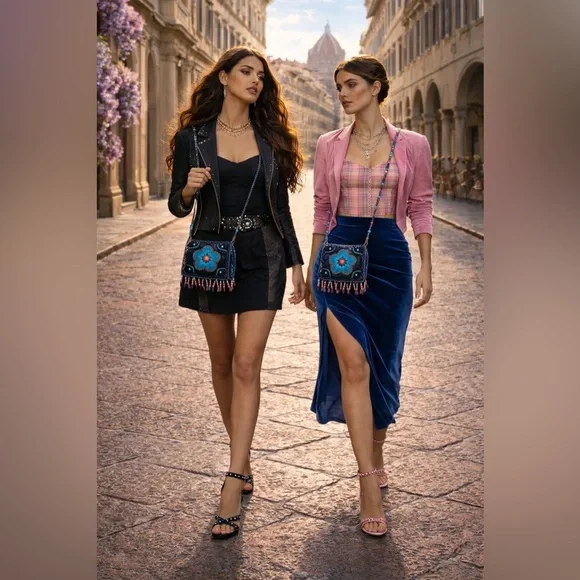 Beaded Blue Velvet Navy Mini Bag with Turquoise accents, gorgeous Floral Motif. - Picture 2 of 2